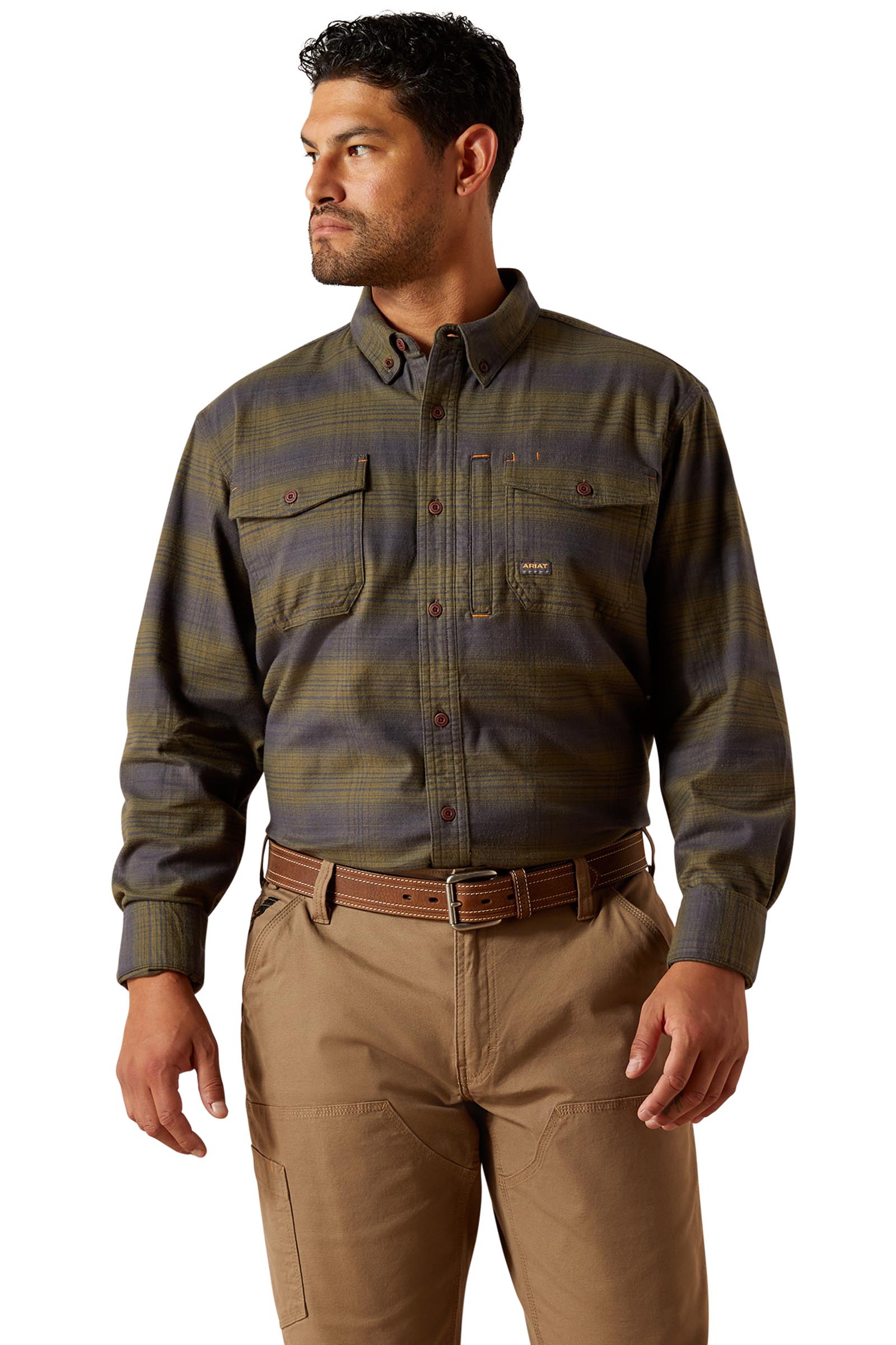 Burnt Olive Ariat Rebar Flannel DuraStretch Men's Work Shirt