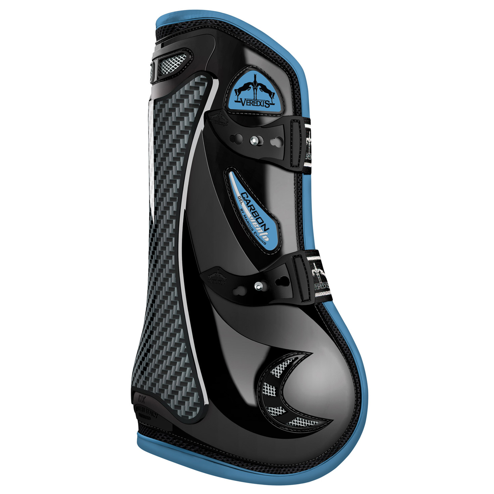 Black/Light Blue Veredus Carbon Gel Vento Colored Front, Tendon Boot