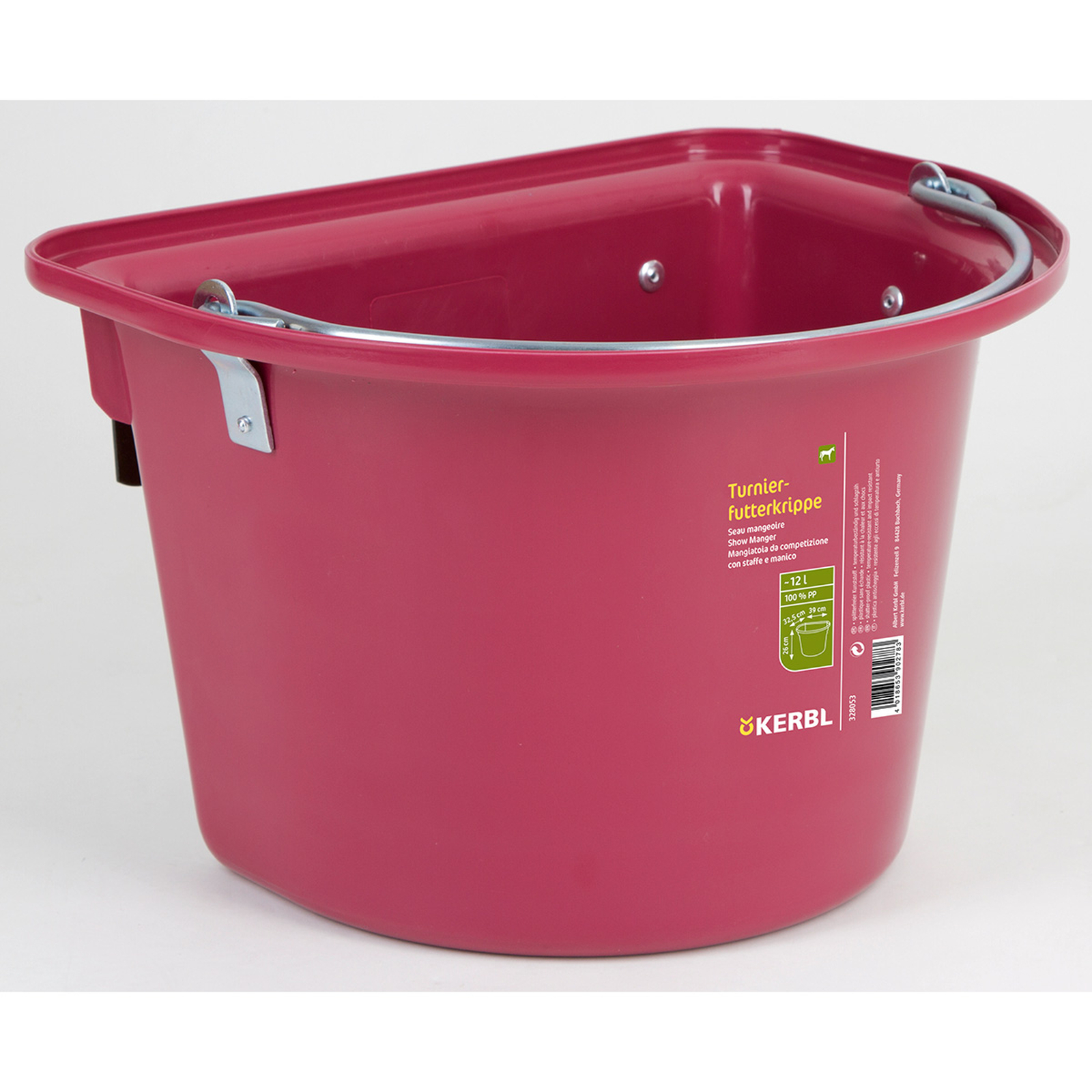 Raspberry Pink Kerbl Show feeding bucket 12L, plastic w/ hook-in bail