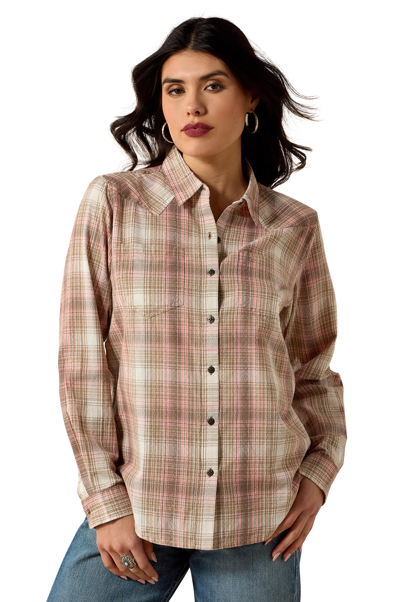 White Pepper Coral Plaid Ariat Billie Jean Women's Long Sleeve Shirt