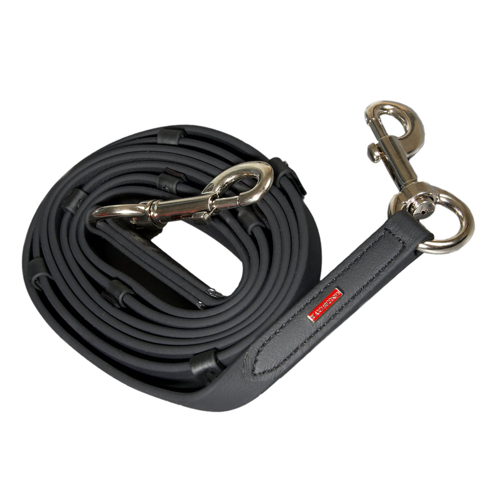 Black/Chrome Karlslund SuperStrap reins with stoppers